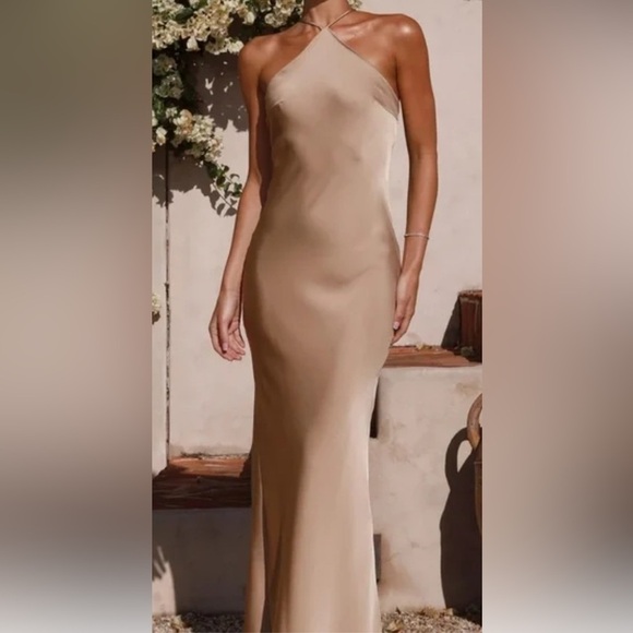 Zilly J Beige Satin Maxi Slip Dress Halter Neck Tie Back Size 8 - Picture 1 of 6